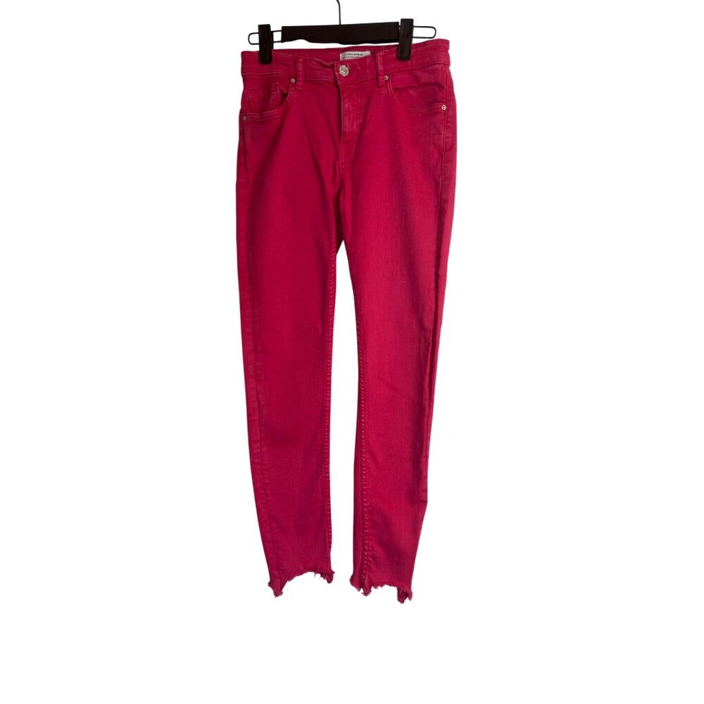 Zara Woman Premium Denim Collection Pink Skinny Jeans Frayed Hem Size 26